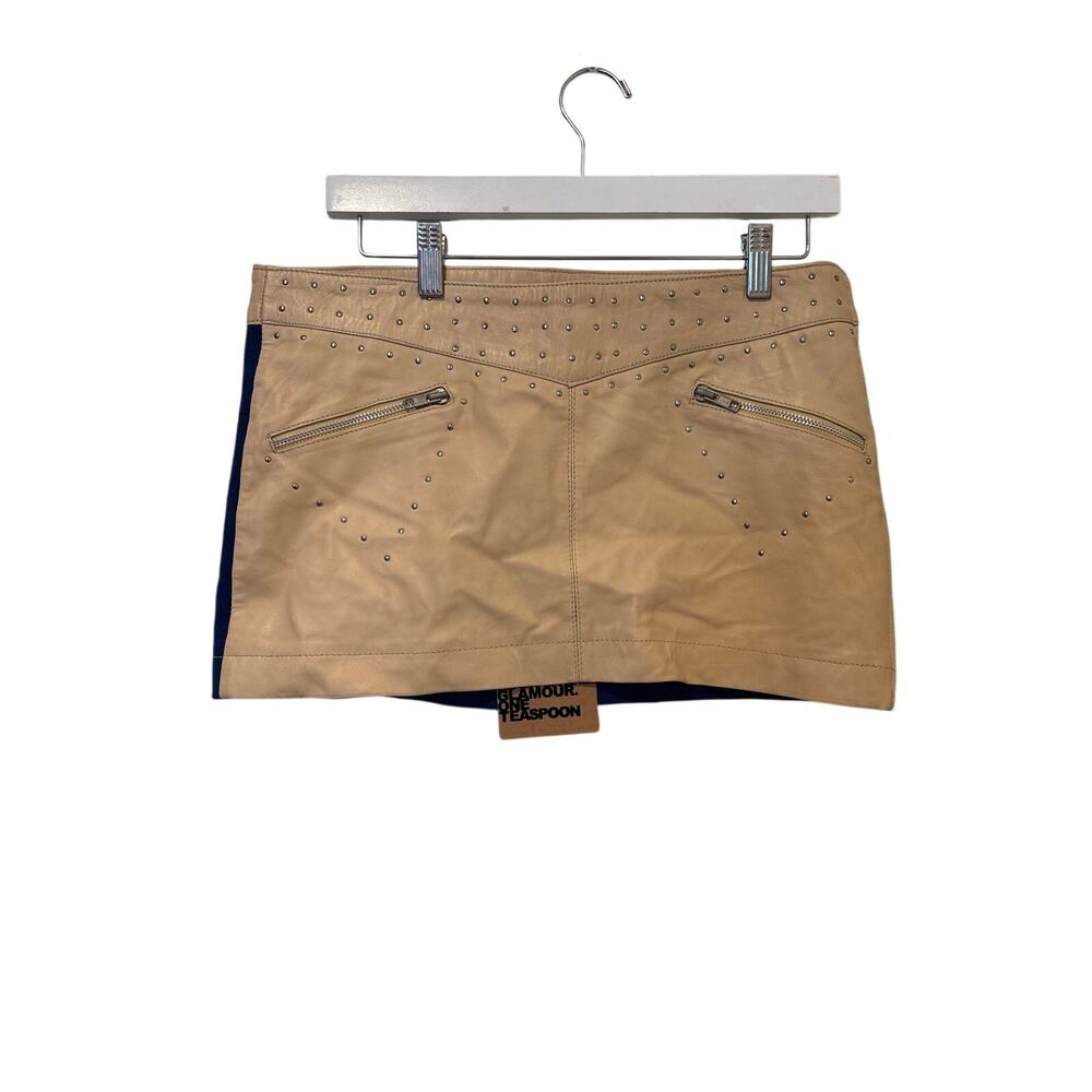 NWT One Teaspoon Sz Small Tan Navy Blue Studded Faux Leather Micro Mini Skirt